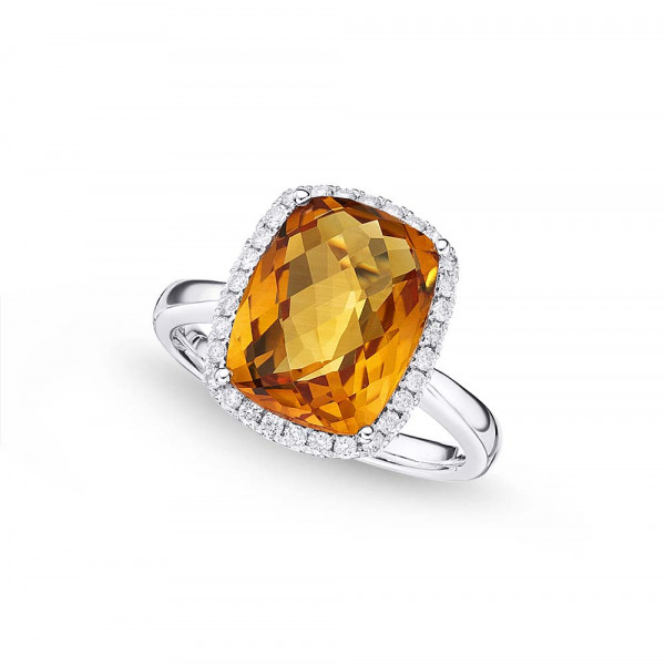 Cushion Citrine Ring 9x12mm Citrine & 0.21ct Diamonds 18K White Gold