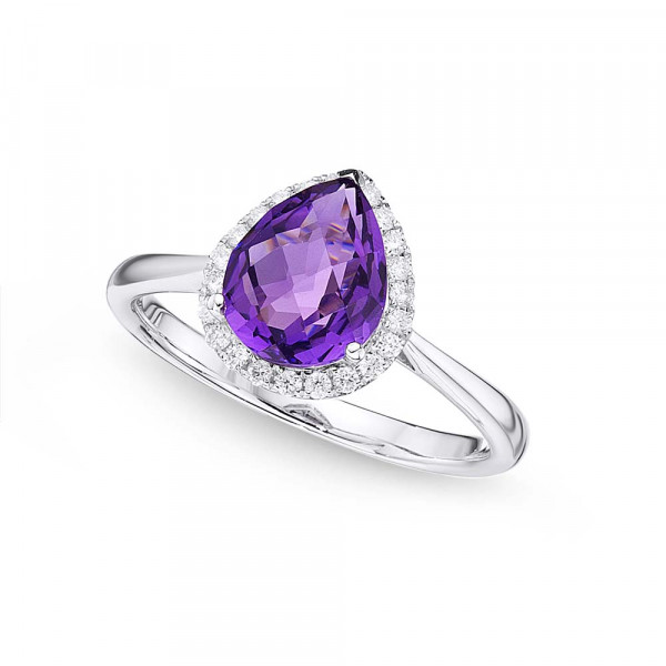 Pear Amethyst Ring 7x9mm Amethyst & 0.14ct Diamonds 18K White Gold