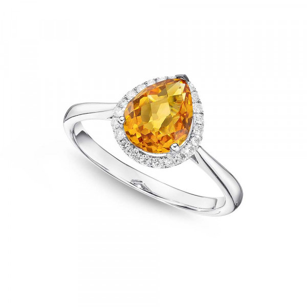 Pear Citrine Ring 7x9mm Citrine & 0.14ct Diamonds 18K White Gold