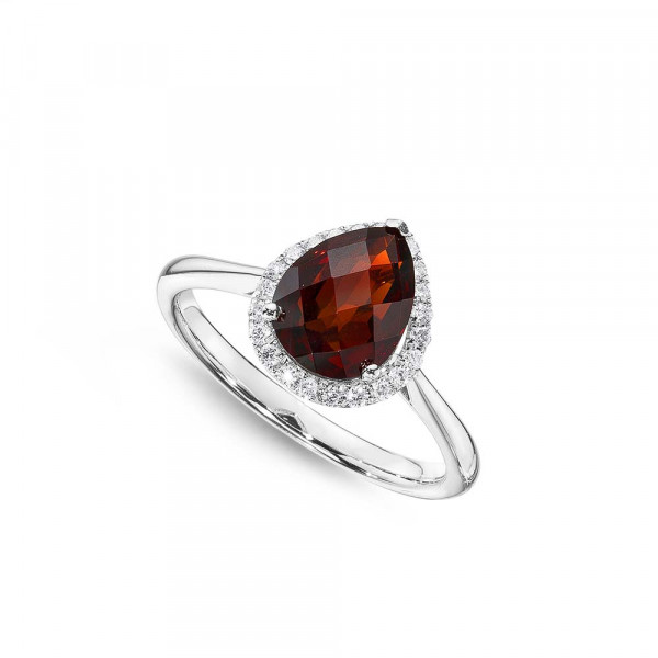 Pear Garnet Ring 7x9mm Garnet & 0.14ct Diamonds 18K White Gold