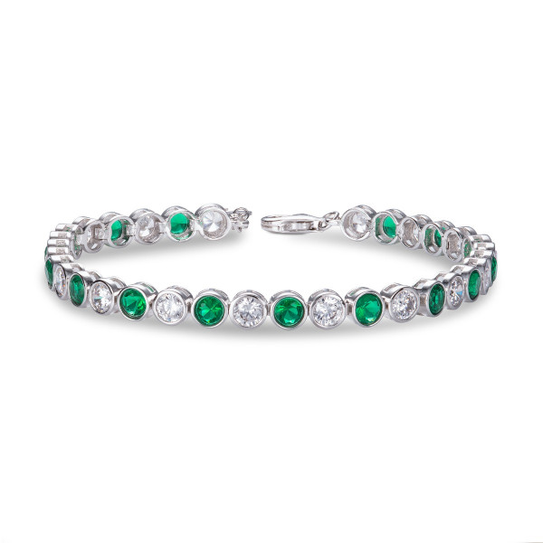 Bezel Set Sterling Silver Tennis Bracelet 4mm Green & White Cubic Zirconia