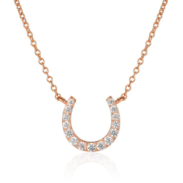 Rose Gold Plated Sterling Silver Lucky Horseshoe Pendant Necklace With Cubic Zirconia