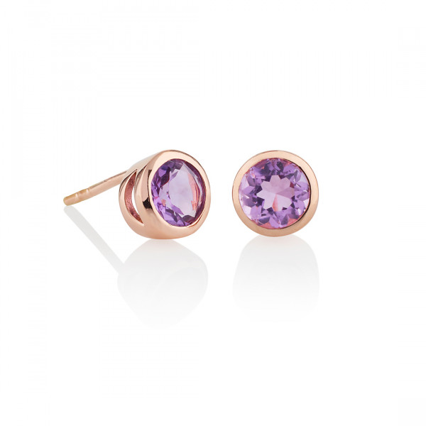 Bezel Set Amethyst Stud Earrings in Rose Gold Plated Sterling Silver