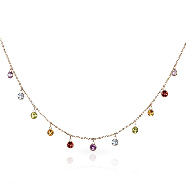 Multi Coloured Natural Gemstone Charm Necklace in 9K Yellow Gold