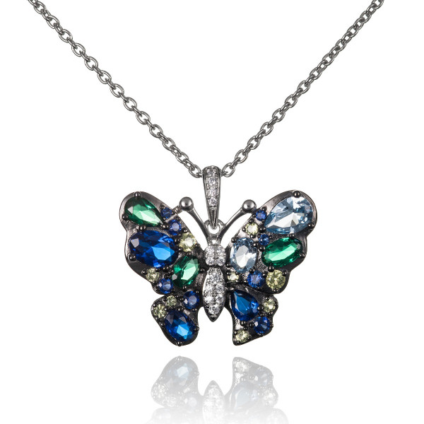 Sterling Silver Black Butterfly Pendant Necklace Coloured Stones