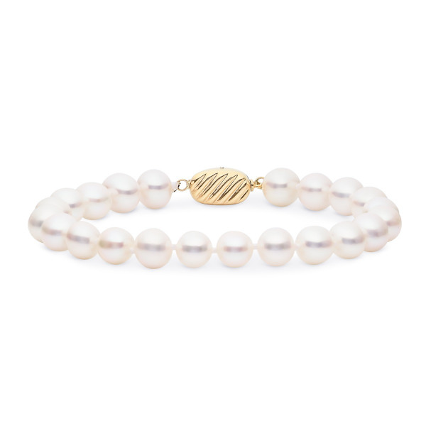 6.5-7.5mm White Freshwater Pearl Bracelet in 9K Yellow Gold