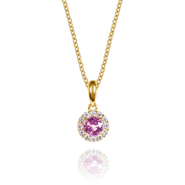 0.42ct Pink Sapphire Pendant Necklace 0.09ct Diamond Halo 9K Yellow Gold
