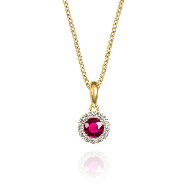 0.35ct Ruby Pendant Necklace 0.09ct Diamond Halo 9K Yellow Gold