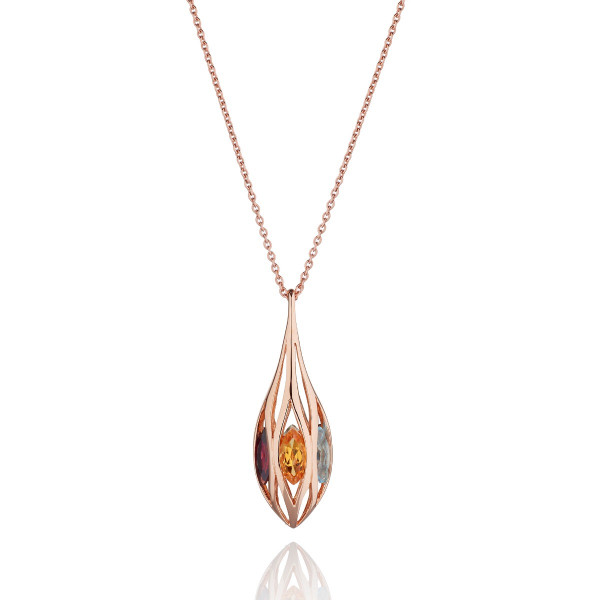 Rose Gold Plated Sterling Silver Long Teardrop Pendant Necklace with Multicoloured Gemstones
