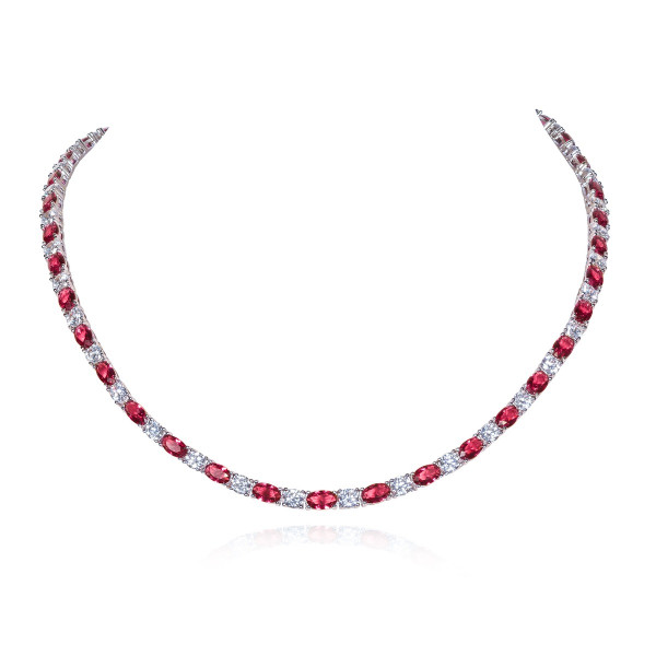 Sterling Silver Tennis Necklace With Red & White Cubic Zirconia