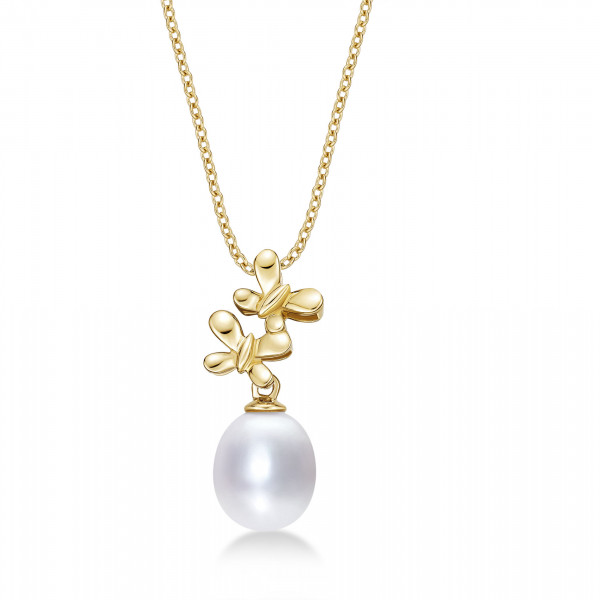 Twin Butterfly Pearl Necklace with Single Drop Pearl in 9K Yellow Gold