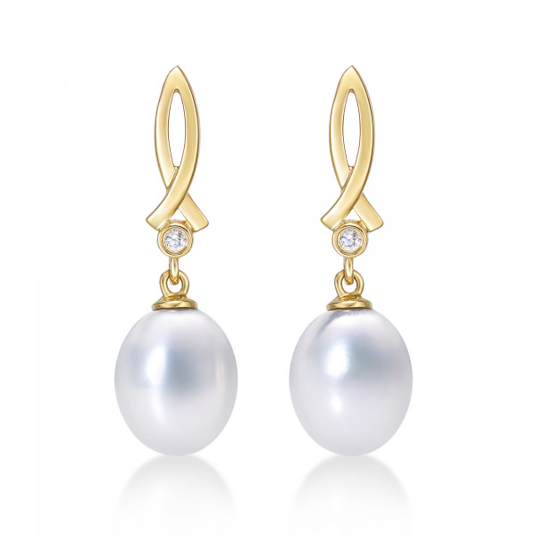 Freshwater Pearl Drop Earrings Pearls & Cubic Zirconia 9K Yellow Gold