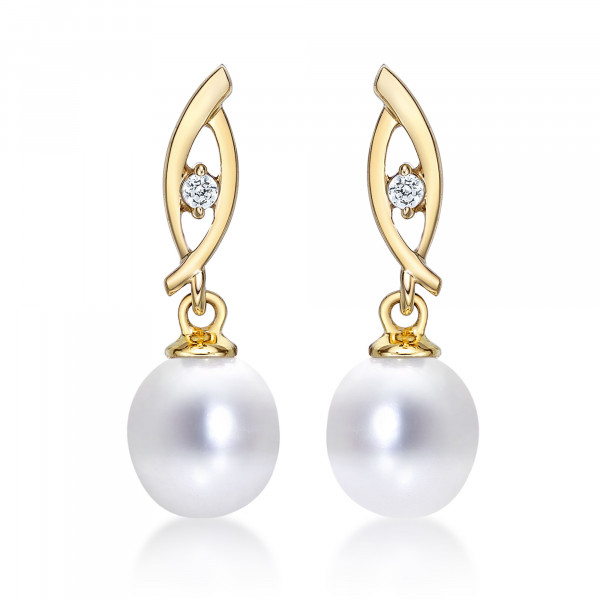 Pearl Drop Earrings Freshwater Pearls & Cubic Zirconia 9K Yellow Gold