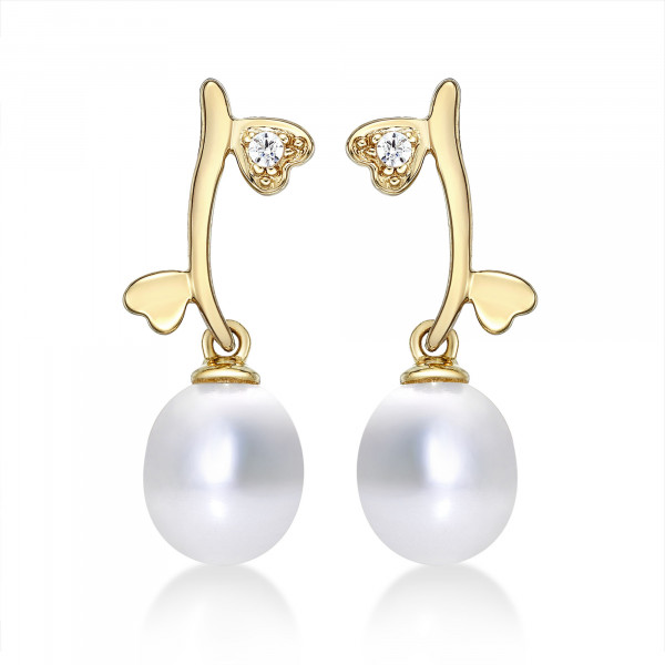 Pearl Drop Earrings with Cubic Zirconia Hearts in 9K Yellow Gold