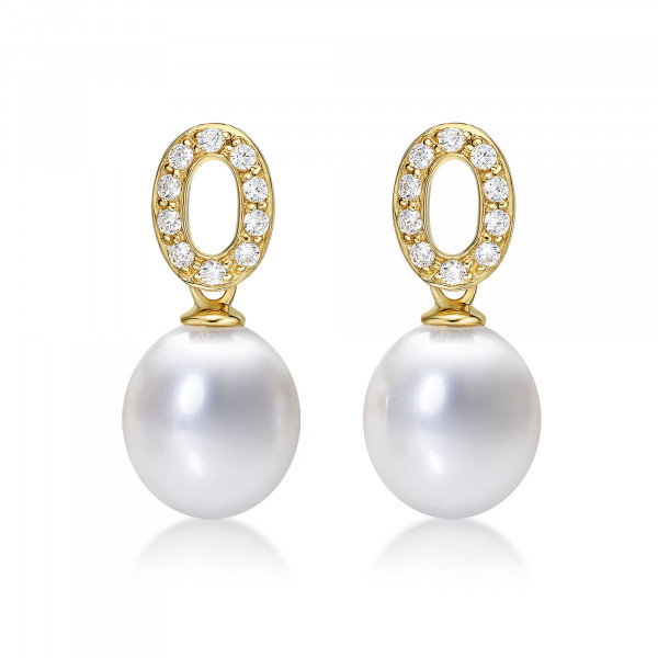 Pearl Drop Earrings with White Pearl & Cubic Zirconia in 9K Yellow Gold