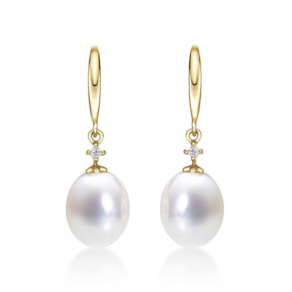 Pearl Drop Earrings with White Pearls & Cubic Zirconia 9K Yellow Gold