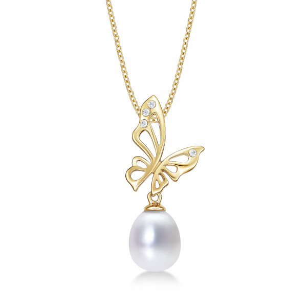 Butterfly Pearl Necklace with Cubic Zirconia Stones 9K Yellow Gold