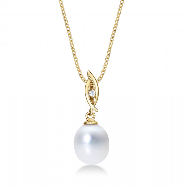 Drop Shaped Pearl Necklace with Cubic Zirconia Stone 9K Yellow Gold