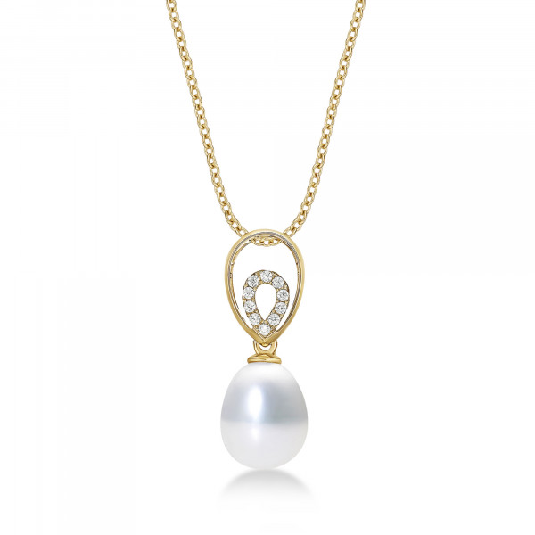 Pearl Necklace Dazzling White Cubic Zirconia Stones in 9K Yellow Gold