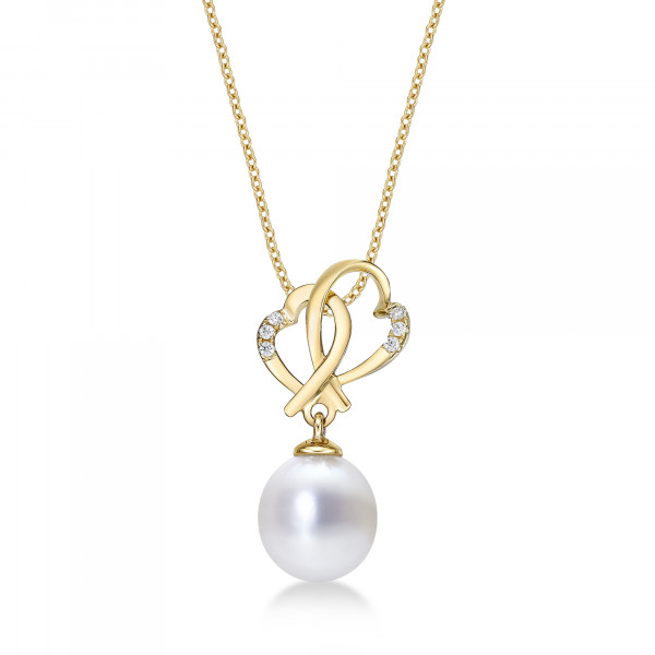 Interlocking Heart & Pearl Necklace with Cubic Zirconia 9K Yellow Gold