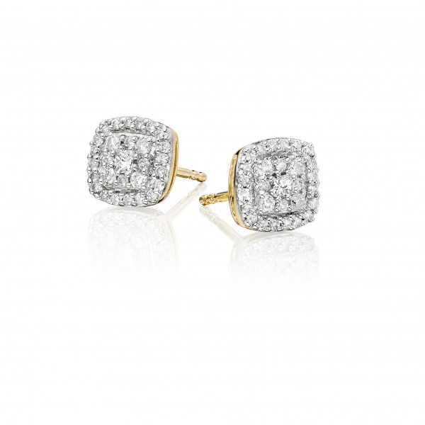Cushion Shape 0.30ct Cluster Diamond Studs In 9K Yellow Gold