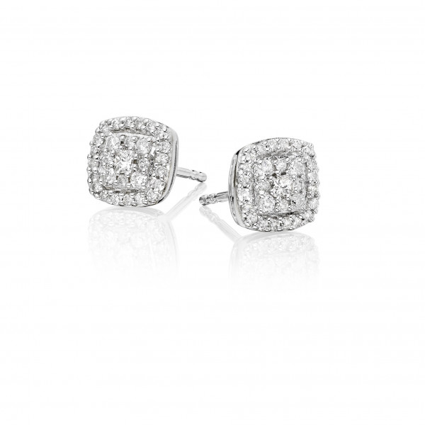 Cushion Shape 0.30ct Cluster Diamond Studs In 9K White Gold