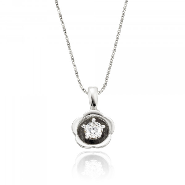 Flower Solitaire 0.20ct Round Diamond Pendant In 18K White Gold