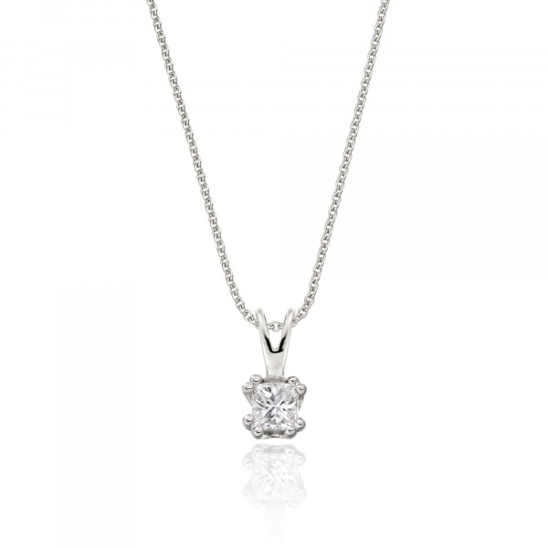 Solitaire 0.20ct Double Claw Princess Diamond Pendant In 9K White Gold