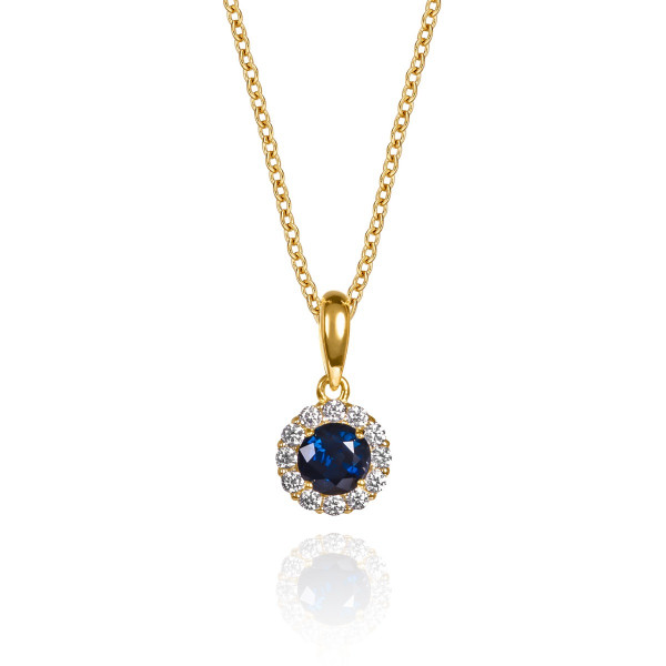 0.42ct Blue Sapphire Pendant Necklace 0.09ct Diamond Halo 9K Yellow Gold
