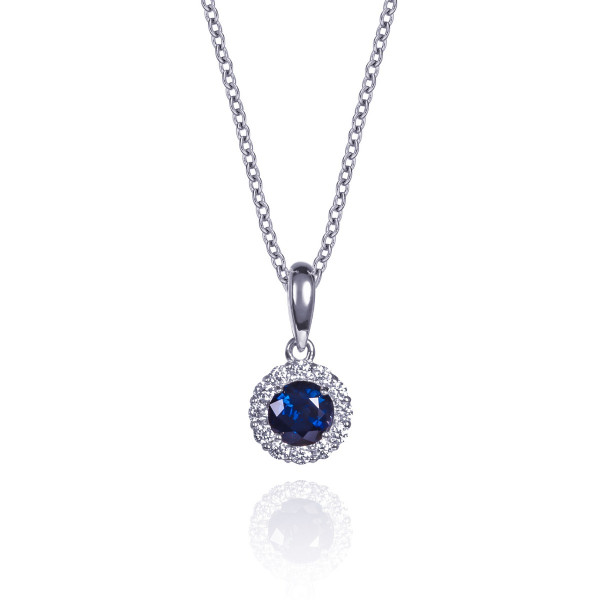 0.42ct Blue Sapphire Pendant Necklace 0.09ct Diamond Halo 9K White Gold
