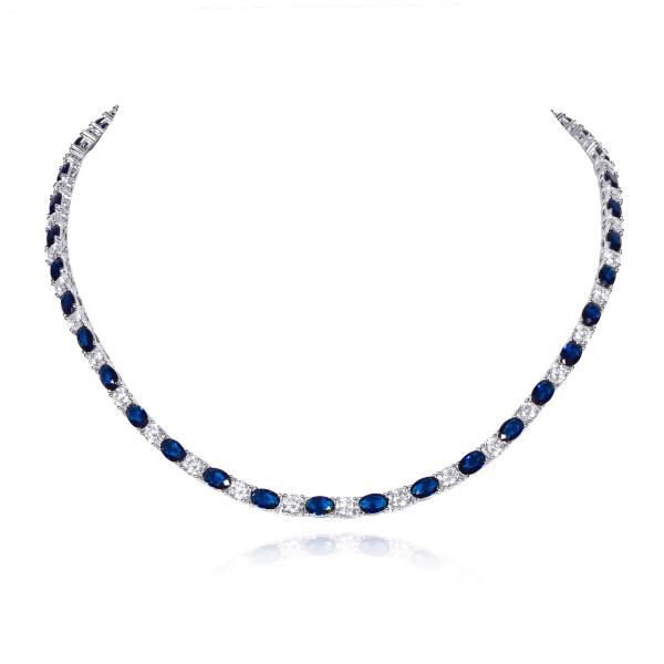 Sterling Silver Tennis Necklace With Blue & White Cubic Zirconia