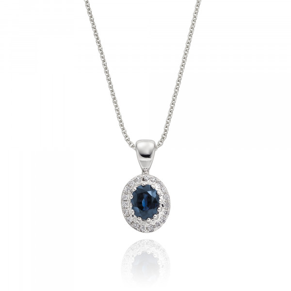 0.40ct Blue Sapphire Pendant Necklace 0.05ct Diamond 18K White Gold