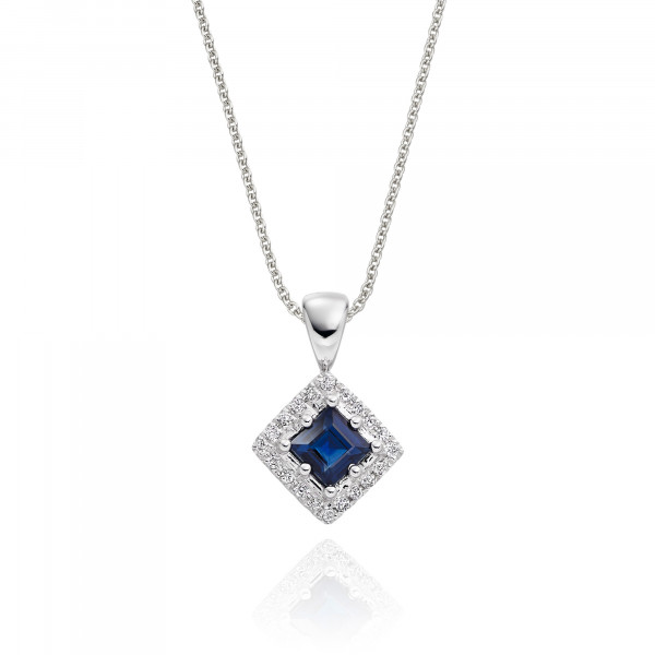 0.30ct Blue Sapphire Pendant Necklace 0.06ct Diamond 18K White Gold