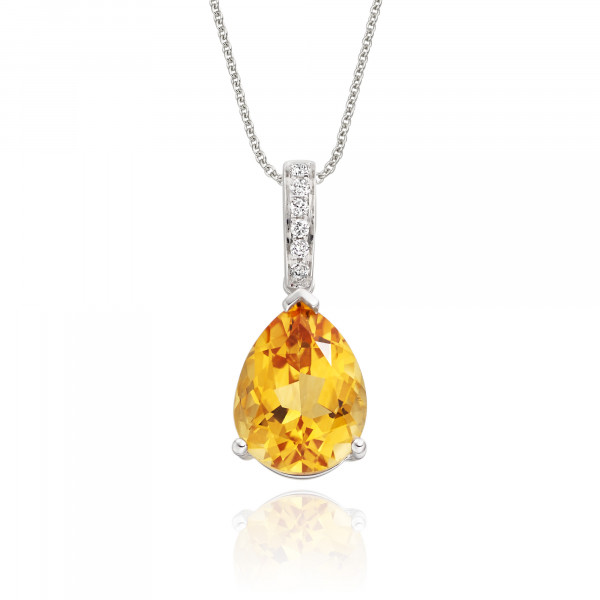 2.50ct Citrine Drop Pendant Necklace With Diamonds 9K White Gold