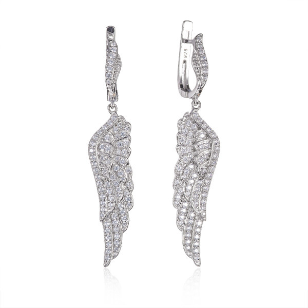 Sterling Silver Long Angel Wings Earrings with Zirconia