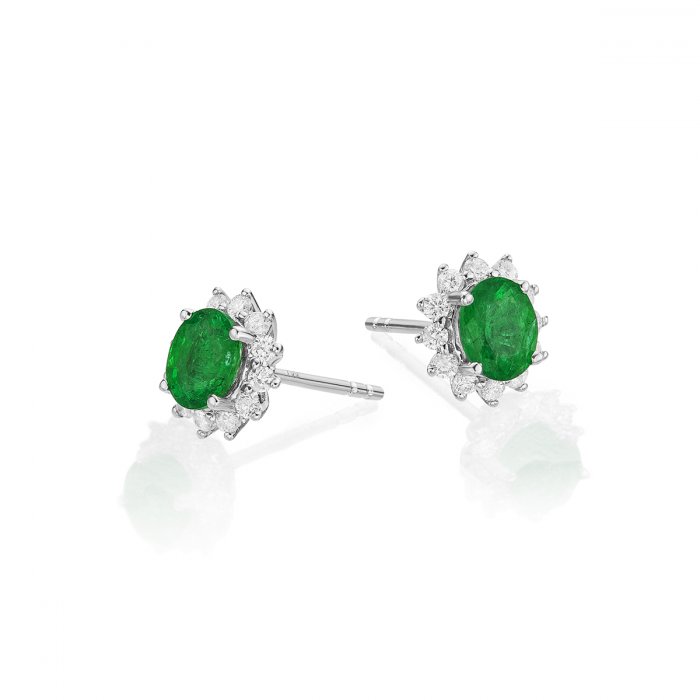 Oval Emerald Stud Earrings with 0.23ct Diamond halo 18K White Gold