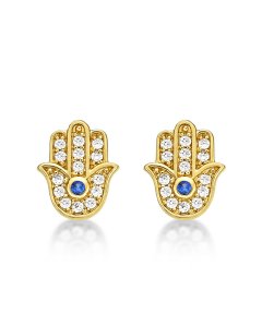 Yellow Gold Plated Sterling Silver Hamza Hand Earrings with Cubic Zirconia
