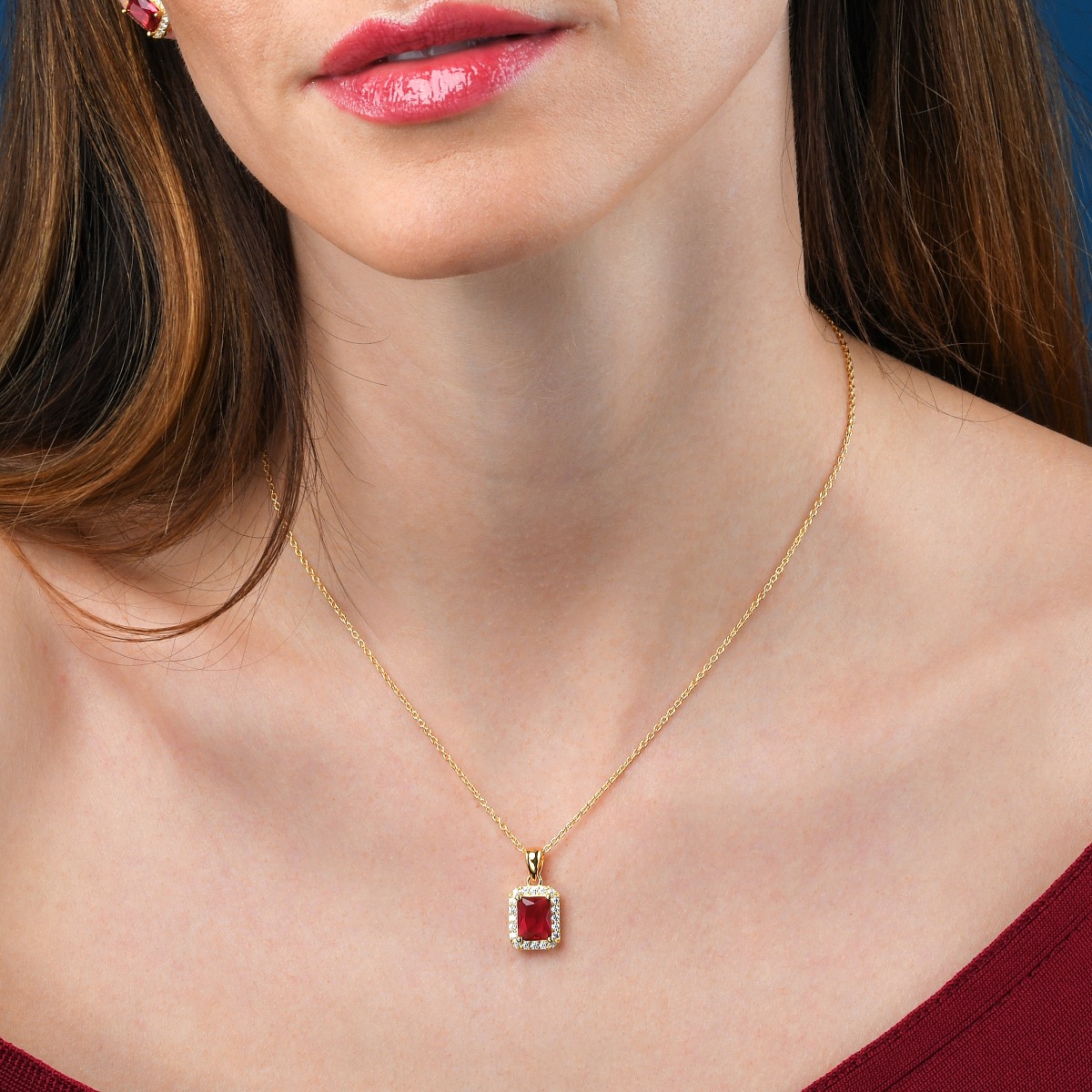 Gold Plated Sterling Silver Emerald Cut Red Pendant Necklace