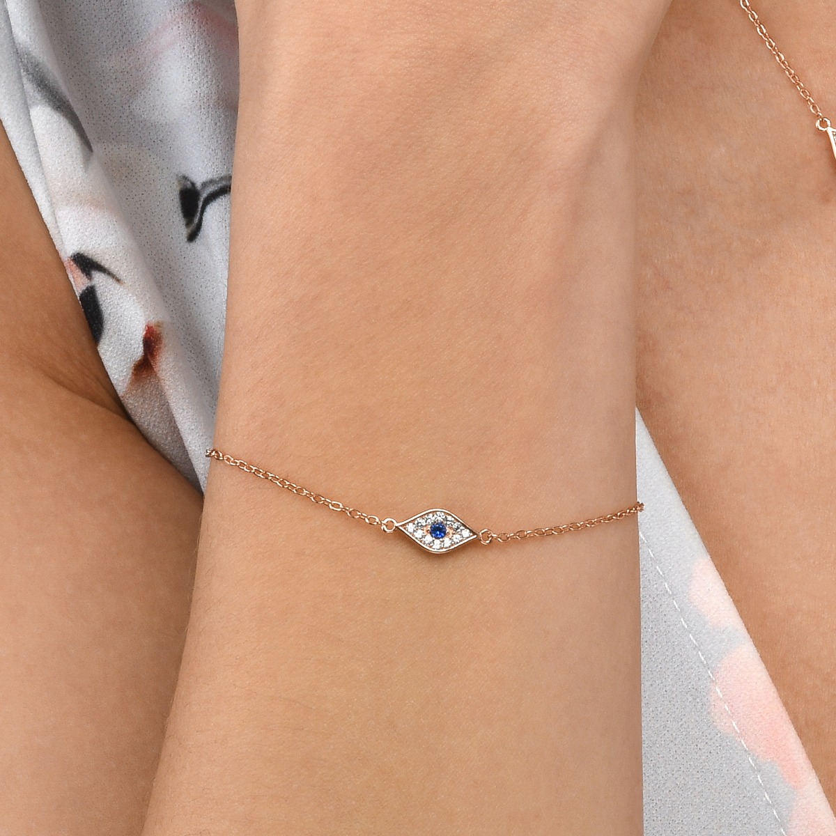 Rose Gold Plated Sterling Silver EVIL EYE Bracelet with Cubic Zirconia