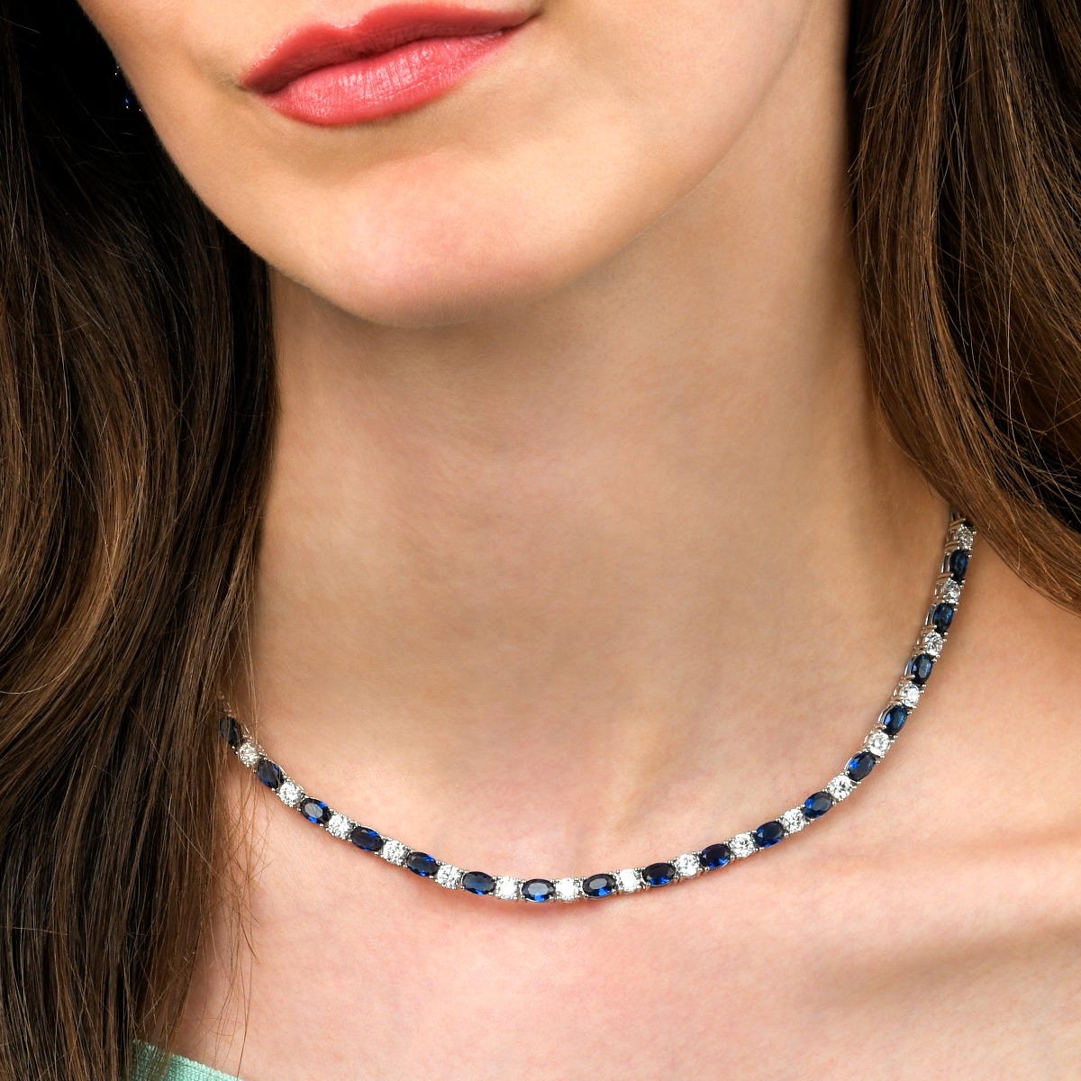 Sterling Silver Tennis Necklace With Blue White Cubic Zirconia